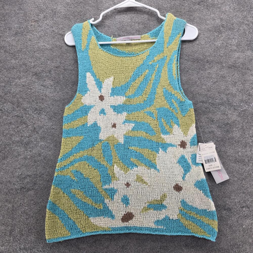 S.A. Collection Tank Top Womens Large Aqua Green Floral Knit Linen Blend Daisy